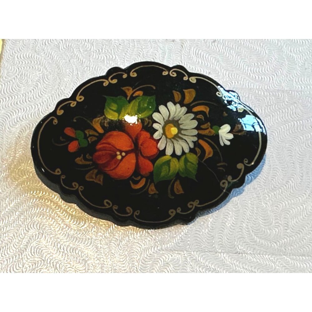 Russian Hand Crafted Enamel Lacquer Wooden Brooch Signed Gold Trimmed Mourning